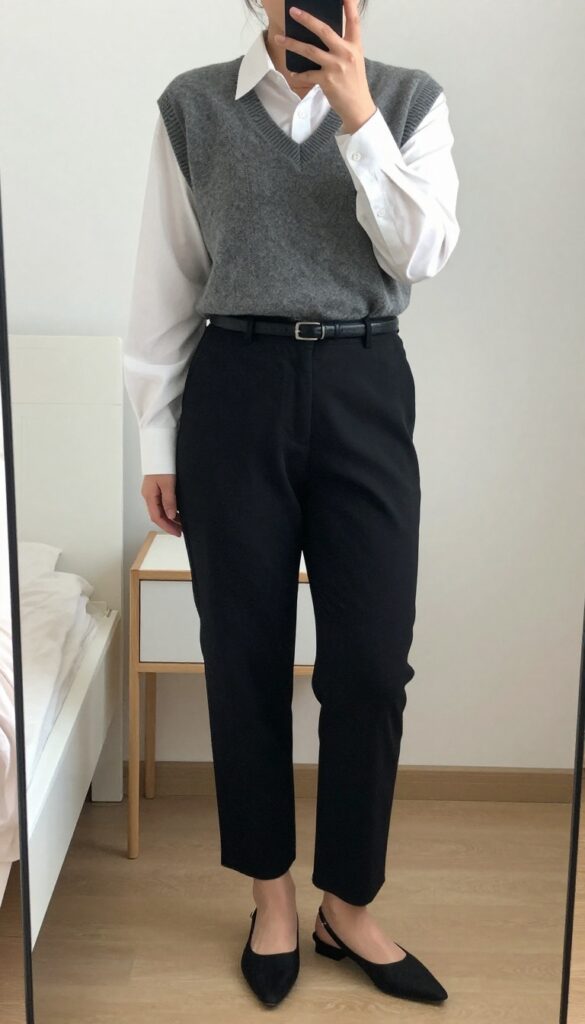 Woman in gray sweater vest, white button-down, and black tailored pants, posing in a mirror selfie.