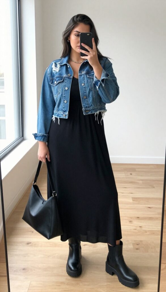 Plus-size woman in black maxi dress and cropped distressed denim jacket, taking a mirror selfie. She wears chunky ankle boots and carries a slouchy tote. Bright natural light, modern interior setting.