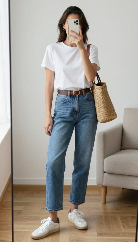 Mom outfit idea: high-waisted jeans and basic tee, front tuck, white sneakers, tote bag, mirror selfie in bright living room.