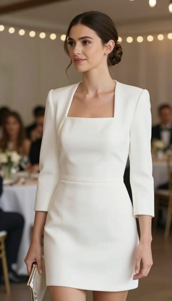 Woman in square neck wedding dress and cropped white blazer at reception