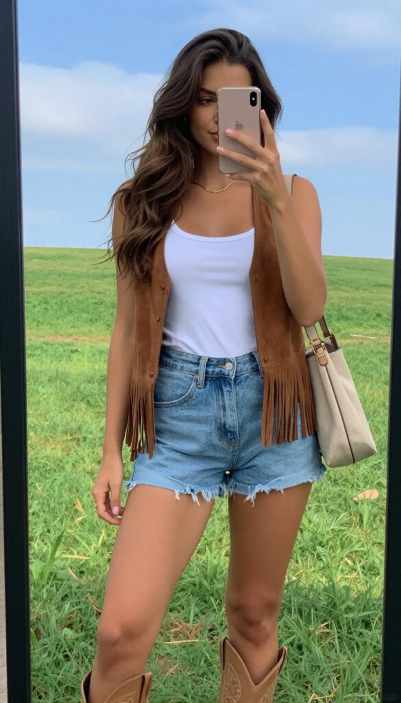 Woman in white tank top, denim shorts, and brown fringe vest with cowboy boots taking a mirror selfie at a summer country concert.