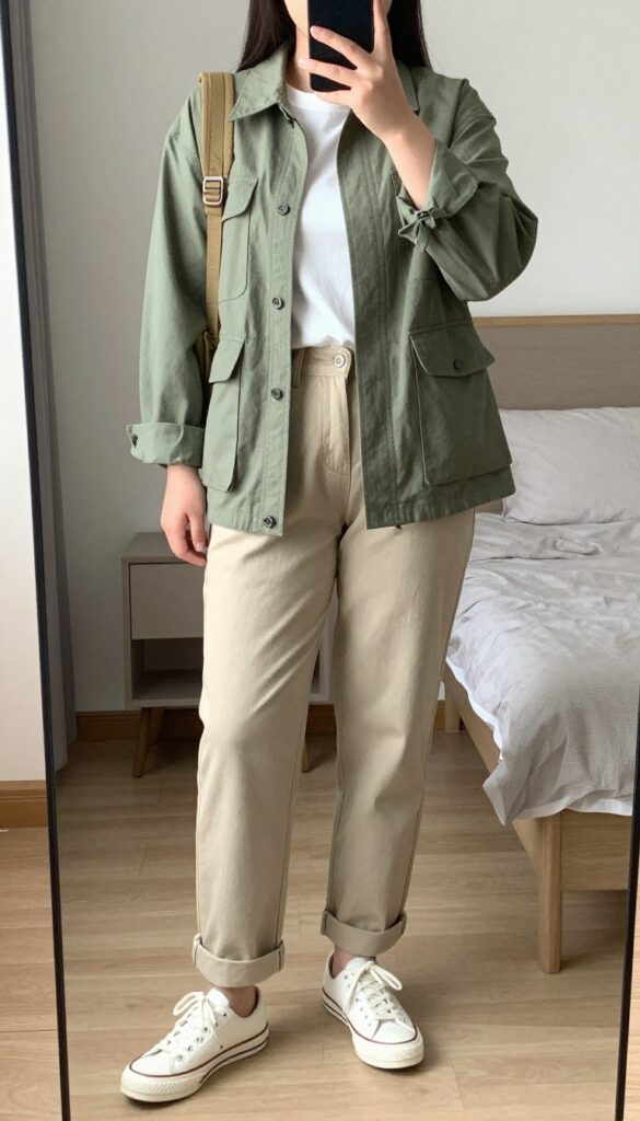 Woman in utility jacket, white tee, and chinos with sneakers and backpack, standing in an airport.