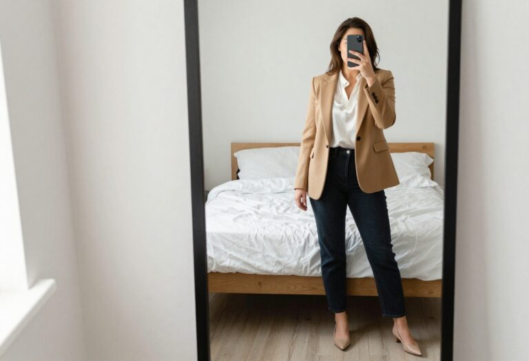 Woman taking a mirror selfie in a bedroom wearing a camel blazer, white top, dark jeans, and flats for a business casual meeting look.