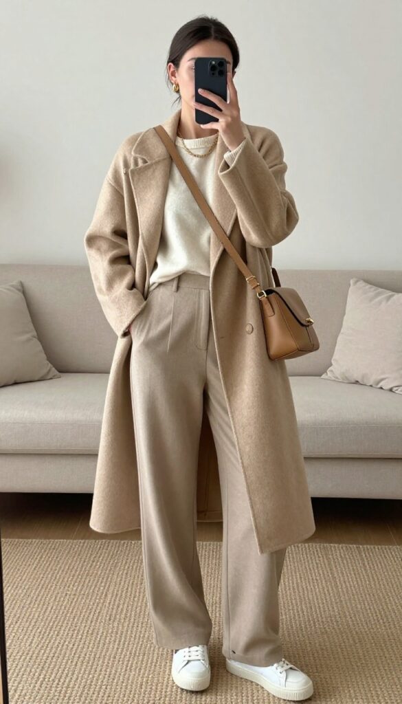 Young mom taking a mirror selfie in a neutral monochrome outfit: beige sweater, cream t-shirt, beige wide-leg trousers, camel coat, tan leather bag, gold jewelry, and white sneakers. Bright natural light, modern living room setting.