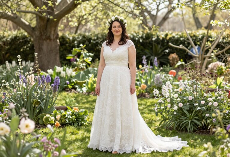 Woman in classic lace A-line wedding dress with floral crown in spring garden