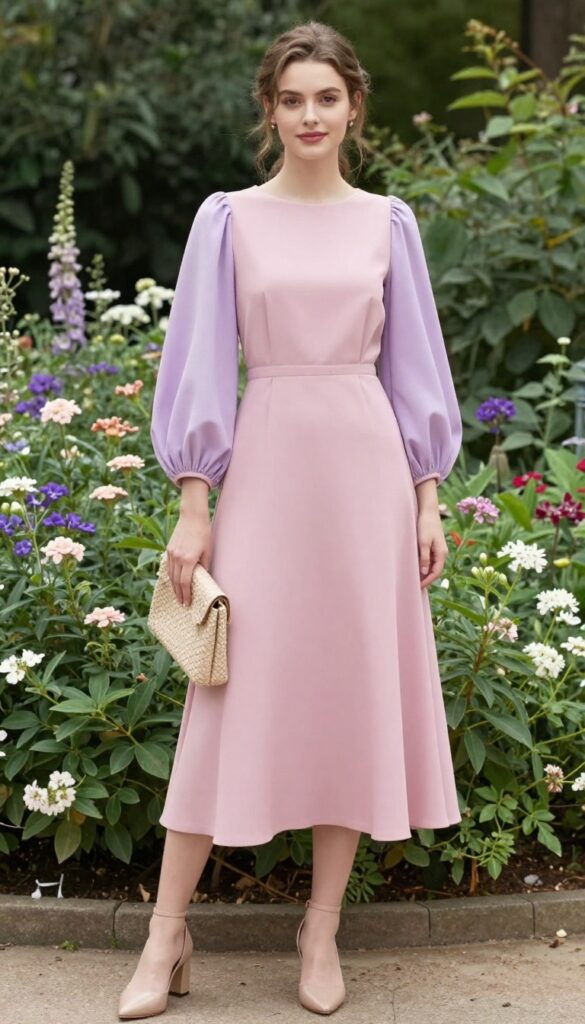Young woman in blush pink A-line dress with lavender bishop sleeves, nude block heels, woven clutch, standing in sunlit garden, smiling gently.