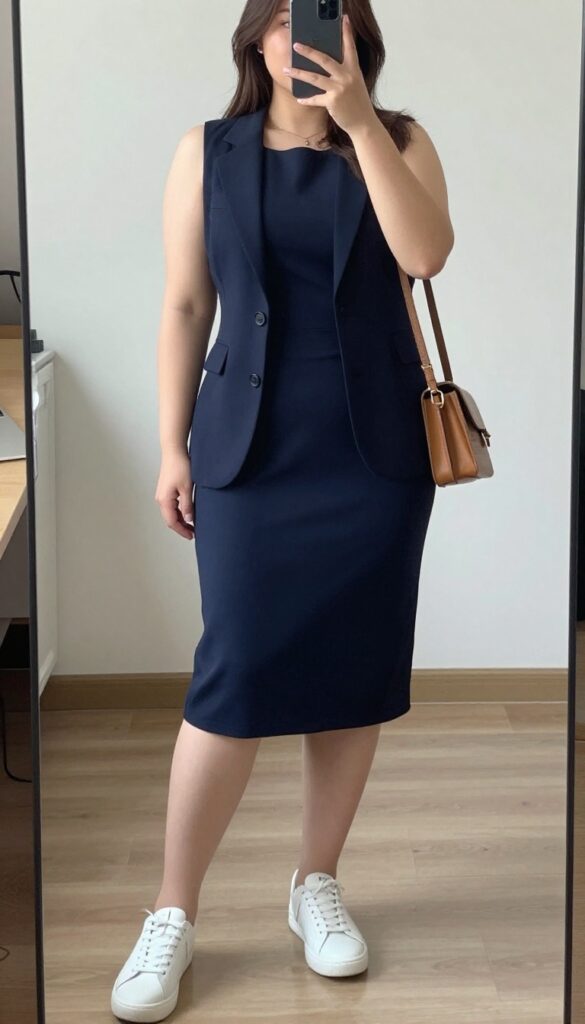 Woman in navy midi dress, tailored blazer, white sneakers, and tan crossbody bag