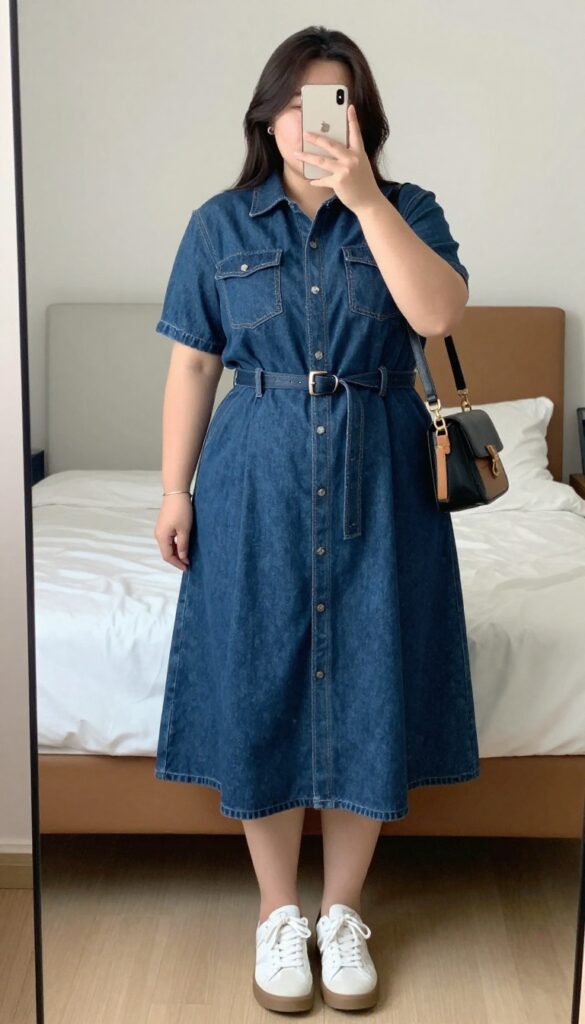 A woman in a denim shirt dress with a belt and crossbody bag, wearing white sneakers, standing in a city street setting.