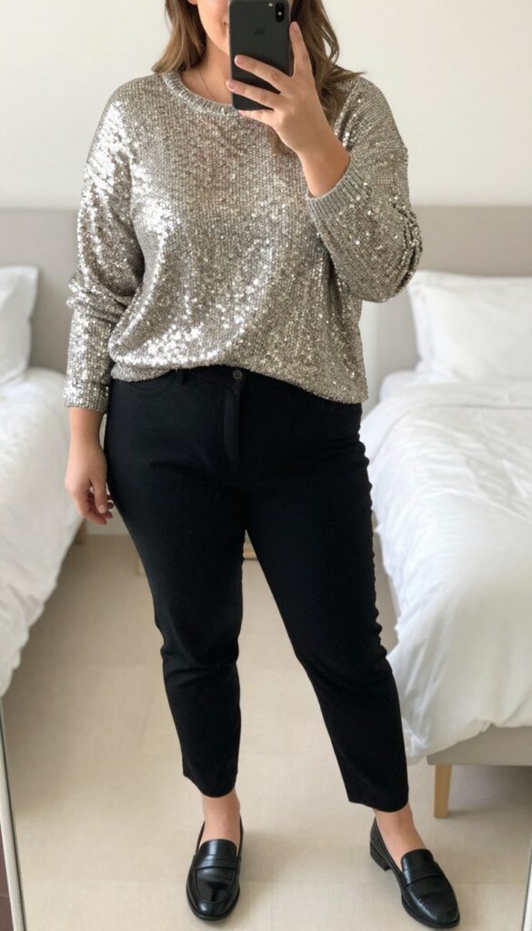 A woman wearing a sparkling sequin knit sweater tucked into tailored black trousers, paired with leather loafers, standing in a modern office or holiday party setting.