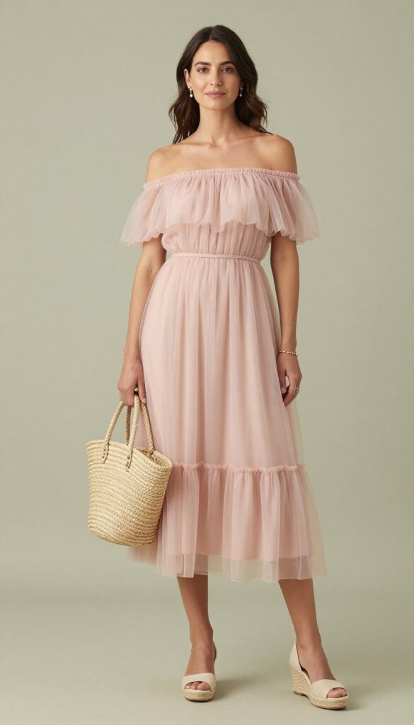 Young woman in blush off-shoulder tulle midi dress with wedge espadrilles and straw tote in garden ceremony setting