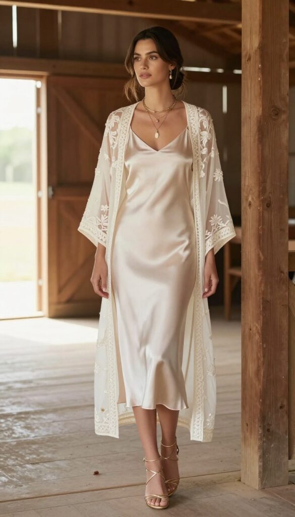 Woman in champagne slip dress and sheer embroidered kimono standing in barn doorway, rustic wedding outfit inspiration.