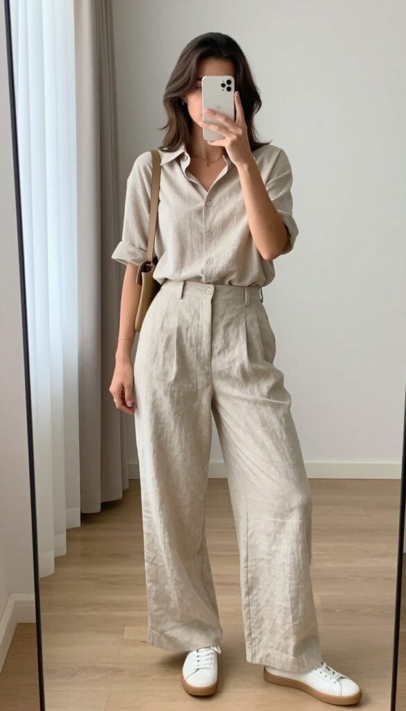 A woman in a matching neutral co-ord set with relaxed trousers and a button-up top, white sneakers, and a tan crossbody bag, taking a mirror selfie in a bright room.