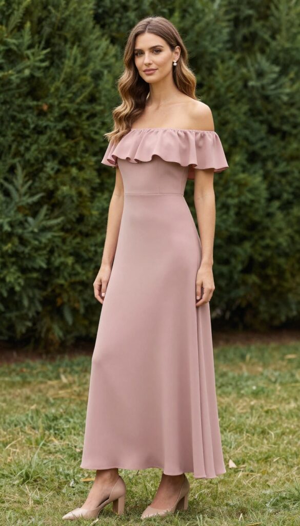 Woman in off-shoulder dusty rose midi dress with ruffled sleeves at garden wedding
