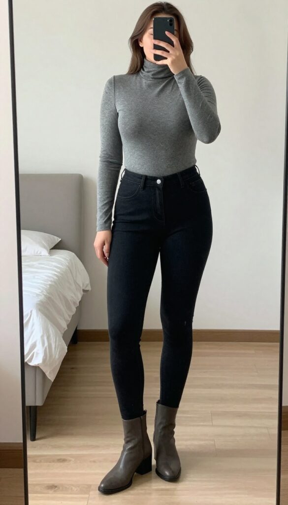 Woman in long knit vest, turtleneck, and skinny jeans with ankle boots, layered look for business casual coffee outfit.