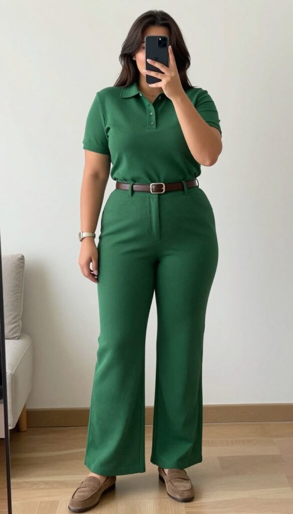 Woman in forest green polo and high-waisted flared trousers with leather belt and suede loafers, holding a canvas tote.
