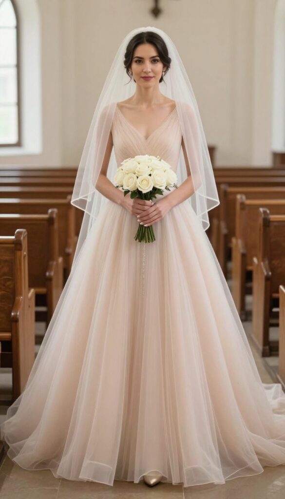 Blush ball gown with crystal belt and tulle veil, bridal outfit in church setting