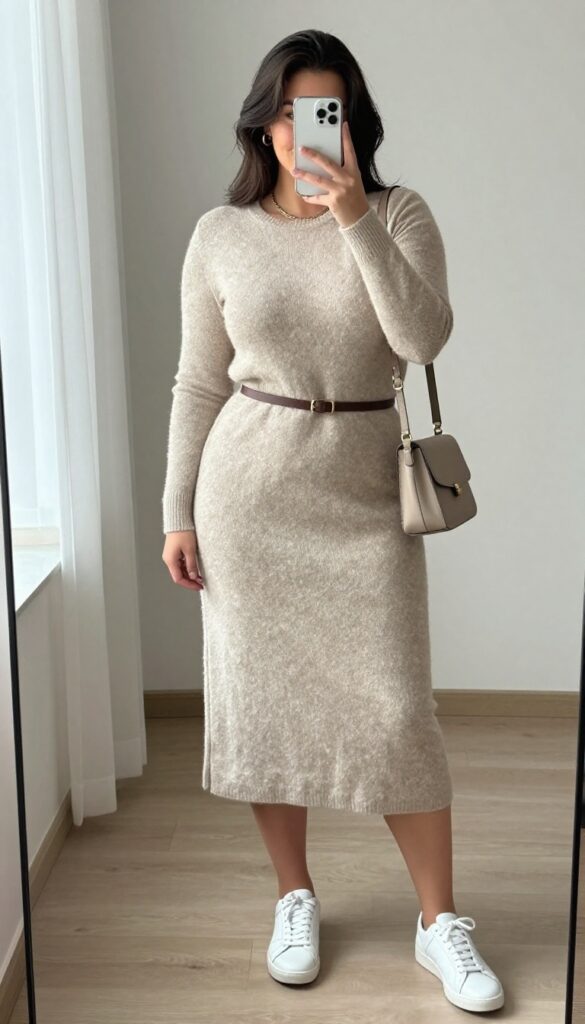 Plus-size woman in a neutral knit dress with a belt and white sneakers, taking a mirror selfie with her phone partially covering her face, in a bright, minimal room.