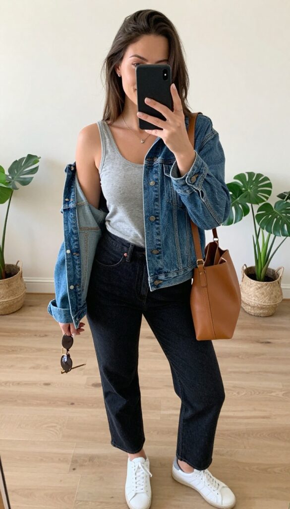 A nursing mother in a fitted tank top and denim jacket, straight-leg jeans, and sneakers, taking a mirror selfie in a bright living room. She holds a crossbody bag and has sunglasses on her head, showcasing a casual, layered outfit for easy nursing access.