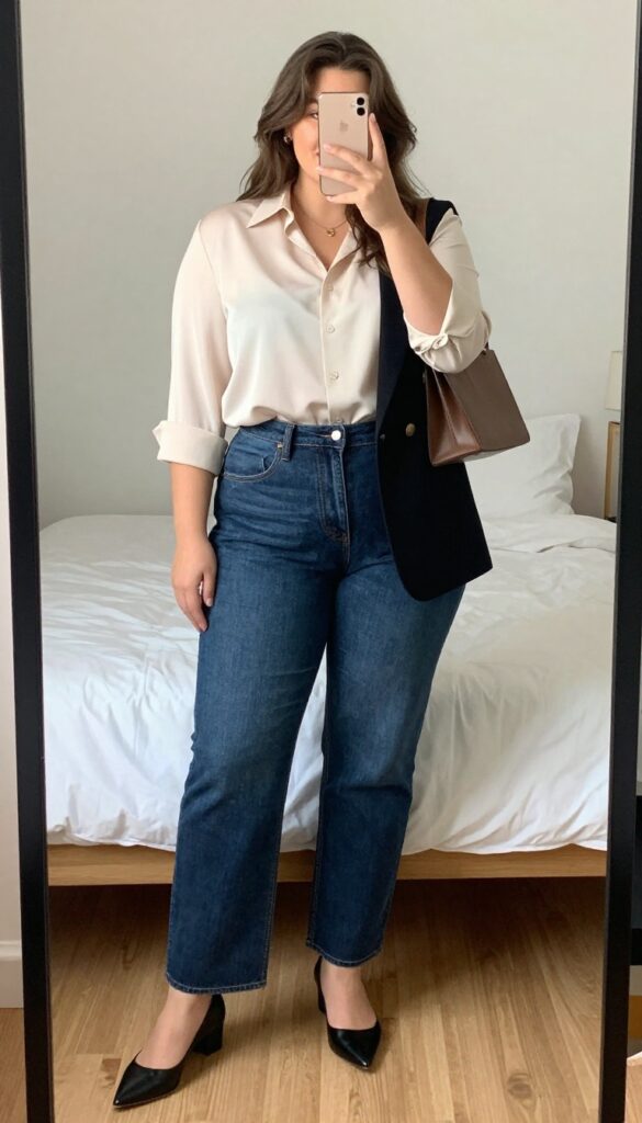 Woman in silk blouse, straight-leg jeans, and blazer, standing in a bright office setting.