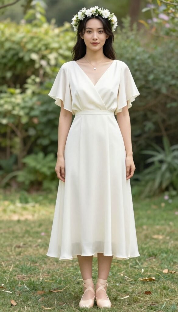 Woman in satin empire waist wedding dress with flutter sleeves, flower crown, and ballet flats standing in sunlit garden