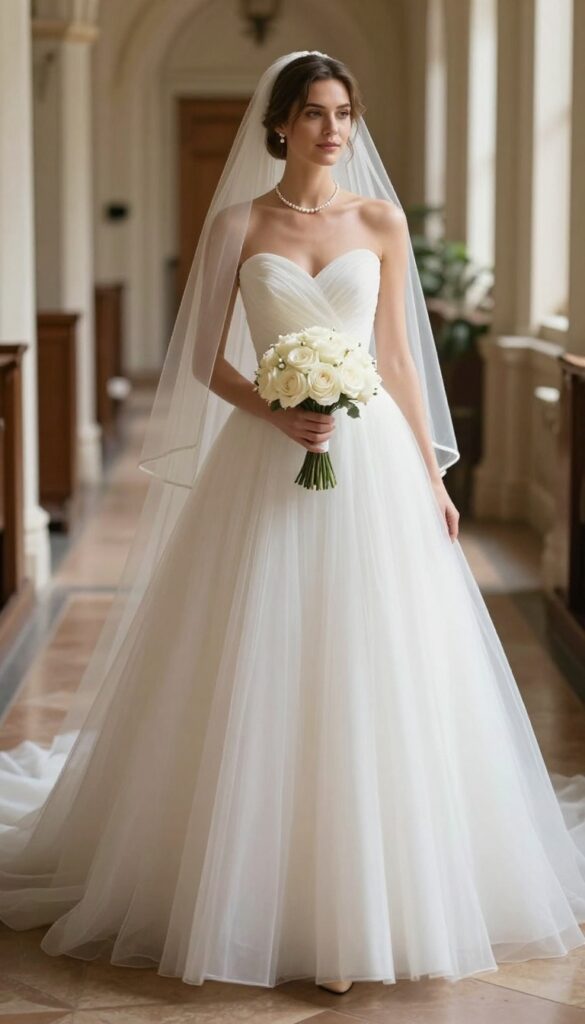Bride in classic white ball gown with sweetheart neckline and full tulle skirt, holding white roses, standing in sunlit church aisle with cathedral veil.