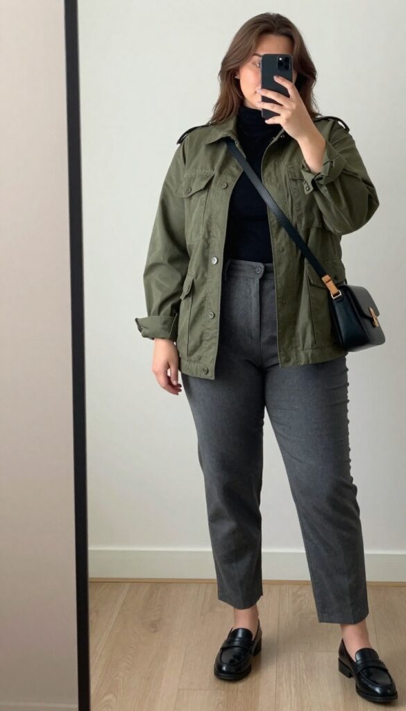 Olive utility jacket with black turtleneck and gray trousers, black loafers and crossbody bag, professional yet casual office outfit.