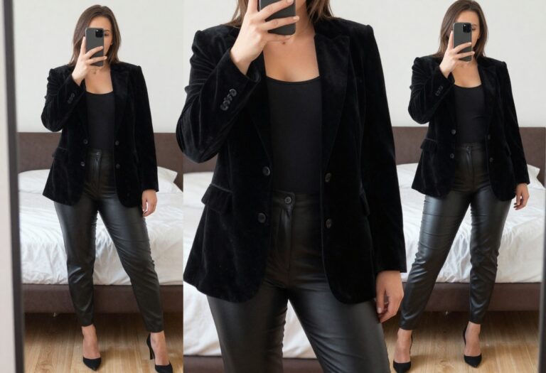 Woman in goth business casual outfit taking a mirror selfie, wearing black velvet blazer, band tee, and leather trousers.