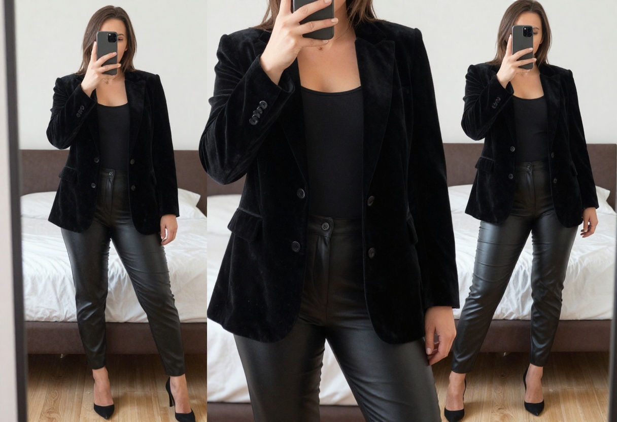 Woman in goth business casual outfit taking a mirror selfie, wearing black velvet blazer, band tee, and leather trousers.