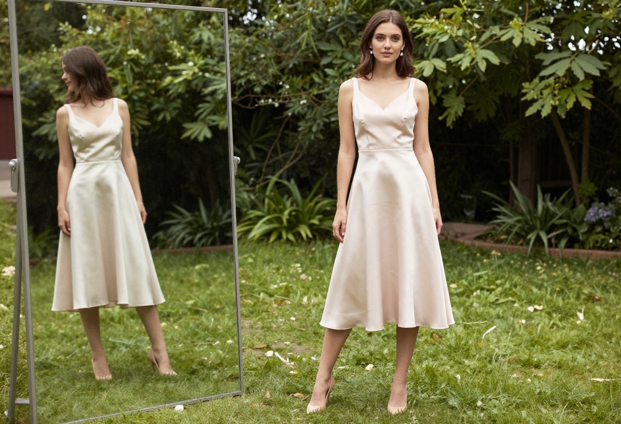 Bride in blush satin A-line wedding dress with thin straps standing in a garden