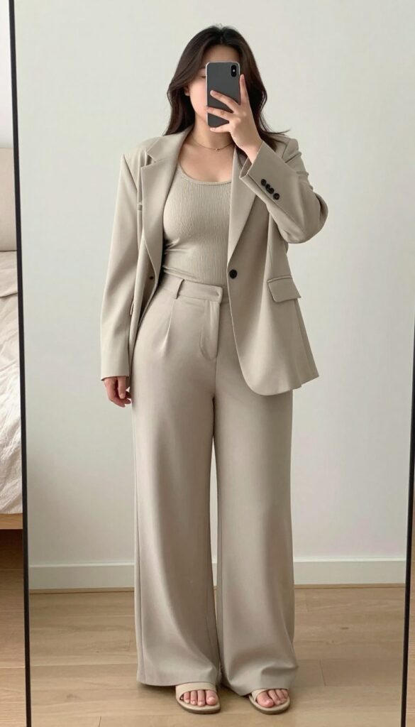 Woman in soft blazer, ribbed tank, and flowy pants, mirror selfie