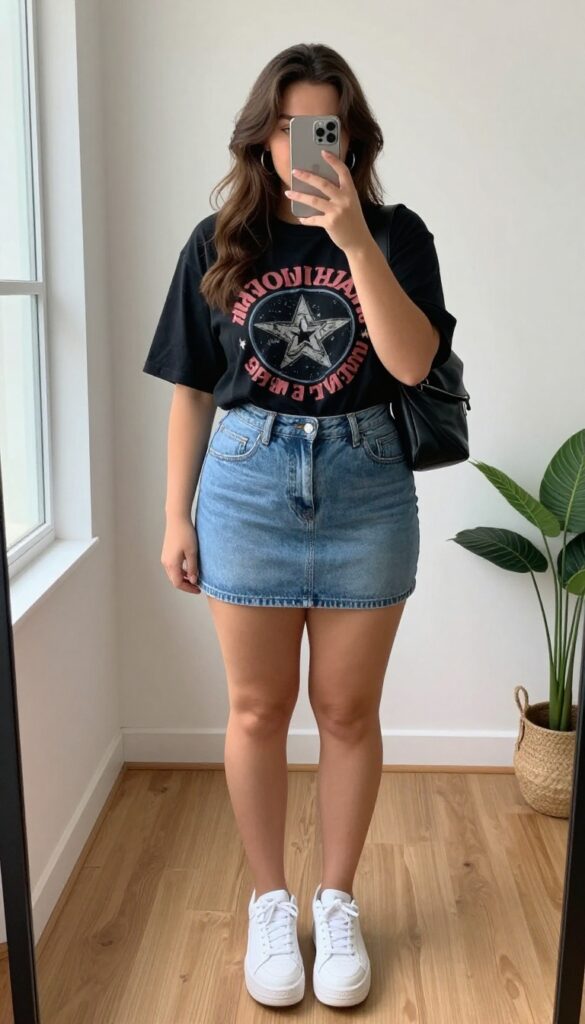 Plus-size woman in high-waisted denim skirt and graphic tee, taking a mirror selfie in a bright room, casual street-style outfit.