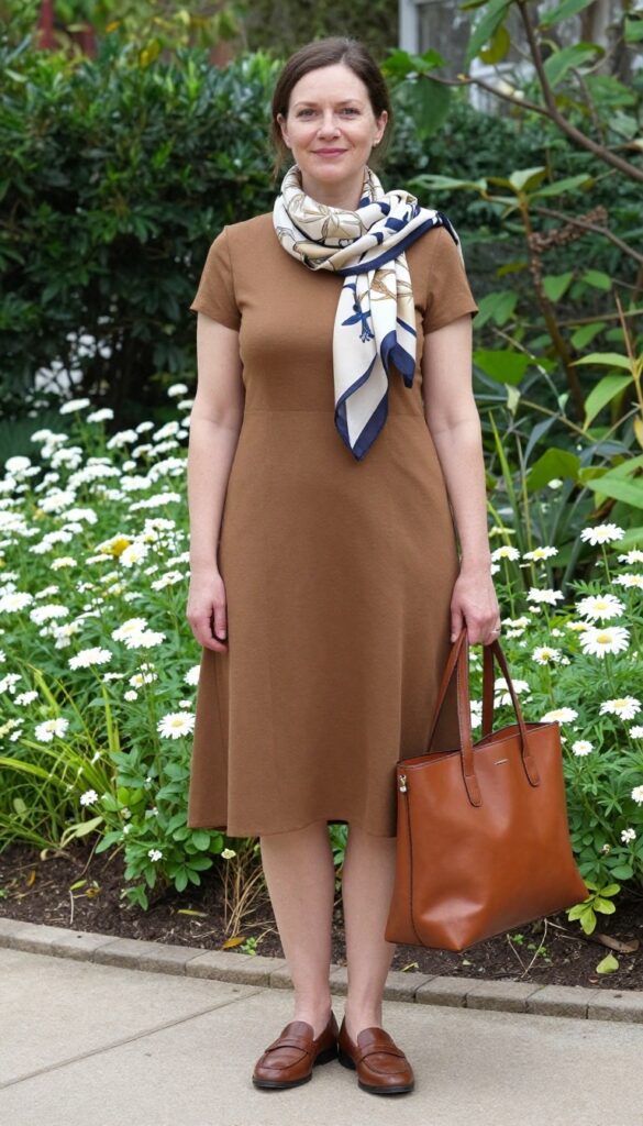 Woman in brown dress with silk scarf and loafers in garden