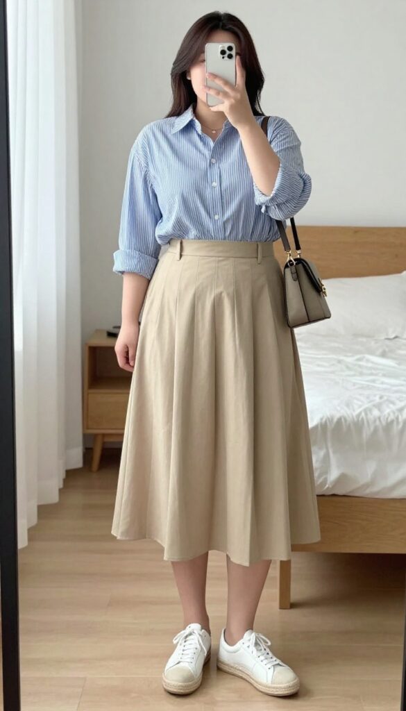 Woman in blue-and-white striped button-down tucked into beige pleated midi skirt, white sneakers, crossbody bag, mirror selfie in bedroom