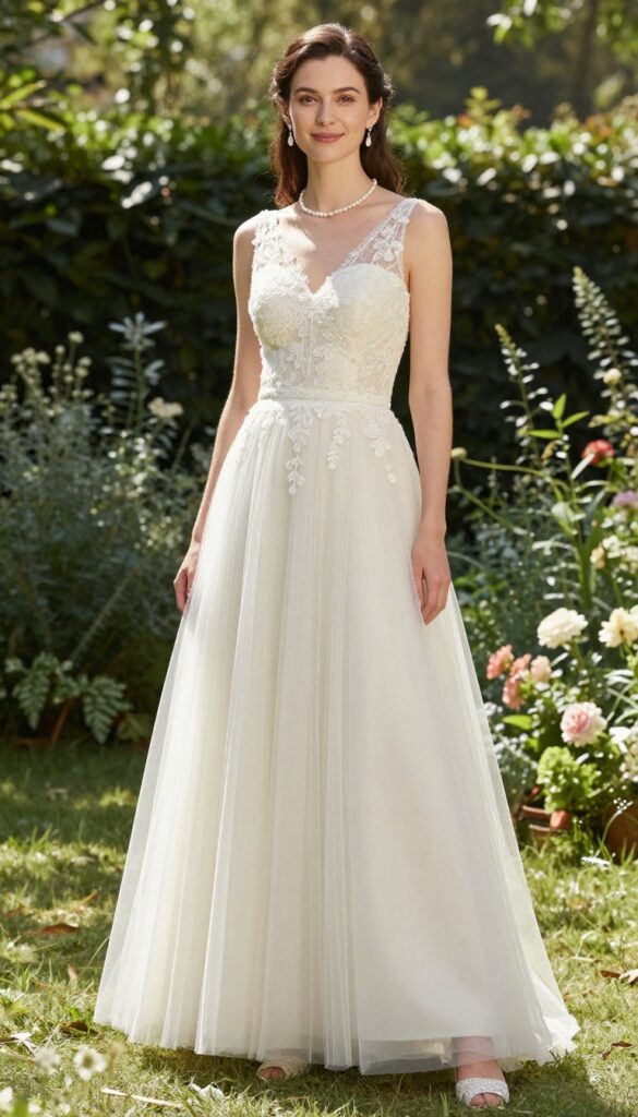 A bride in a lace A-line wedding dress standing in a sunlit garden