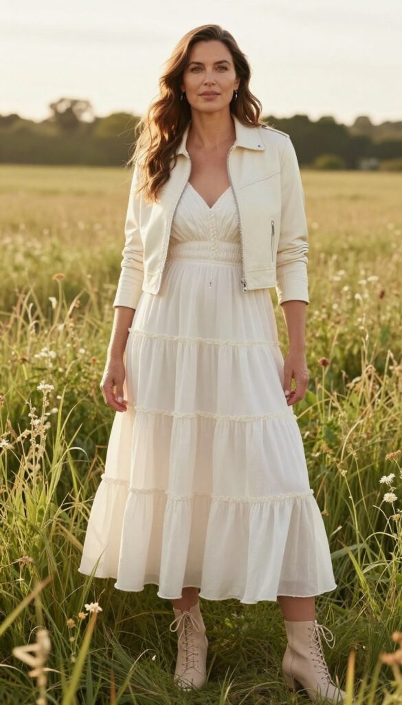 Young adult woman with long wavy hair wearing tiered ruffle ivory boho wedding dress, lace-up ankle boots, and cropped leather jacket in sunlit meadow with wildflowers, golden hour light.