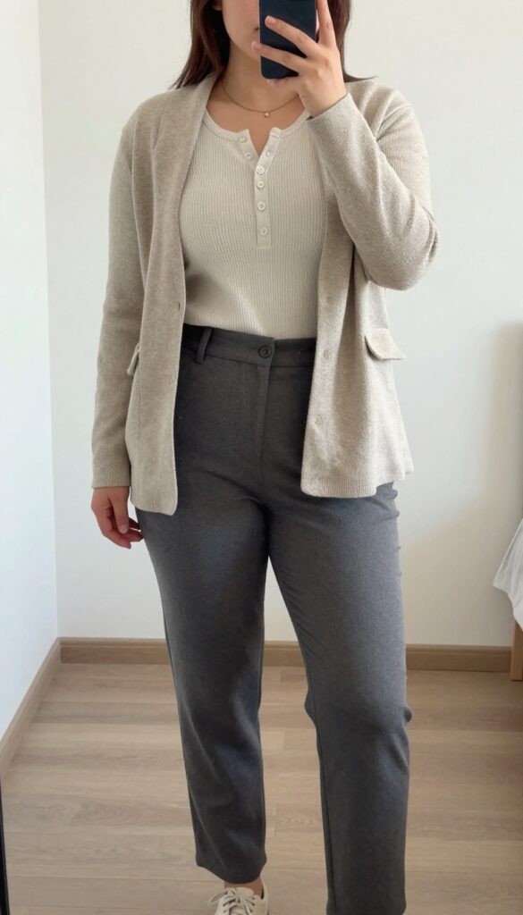 A woman in a henley and knit blazer with high-waisted trousers and sneakers, standing in a bright office or coffee shop setting.