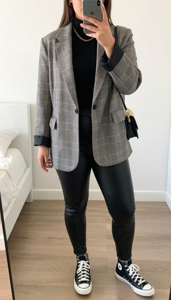 Woman in plaid blazer, black turtleneck, leather leggings, and black Converse sneakers