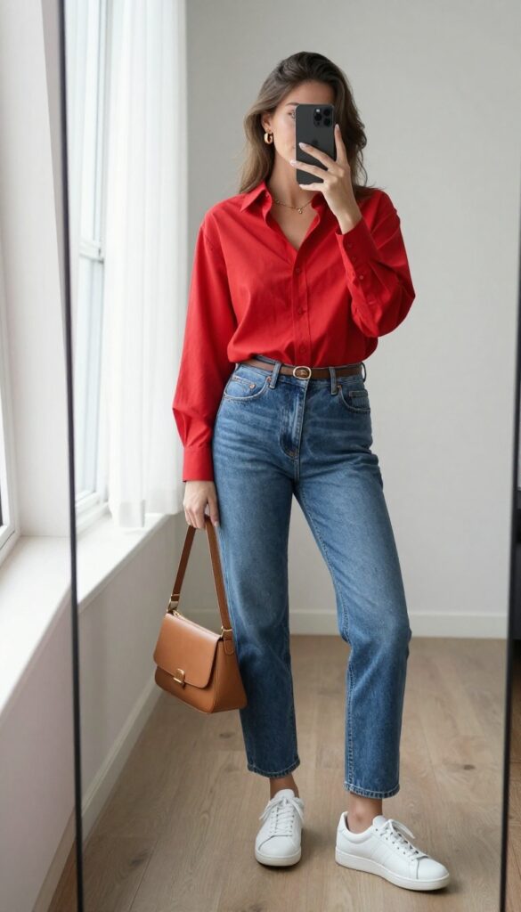Woman in red shirt and high-waisted blue jeans taking a mirror selfie, wearing white sneakers and a crossbody bag.