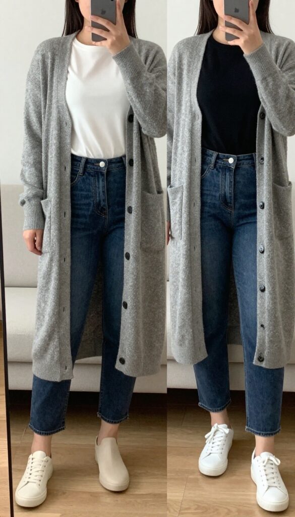 A woman in a long camel cardigan, belted mid-rise jeans, and ankle boots, standing in a bright office hallway.