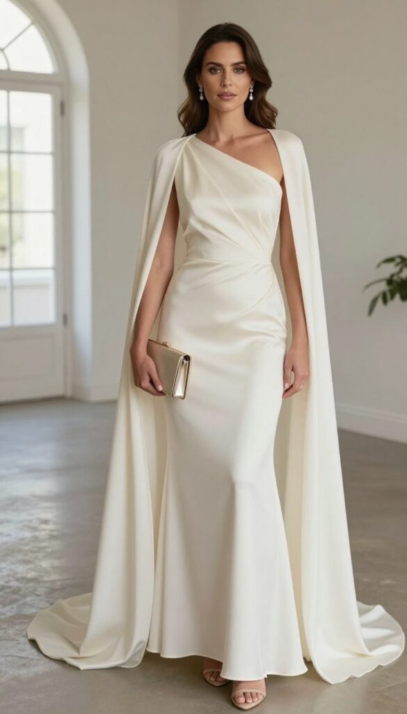 Woman in ivory satin one-shoulder gown with flowing cape, standing in sunlit modern ceremony space