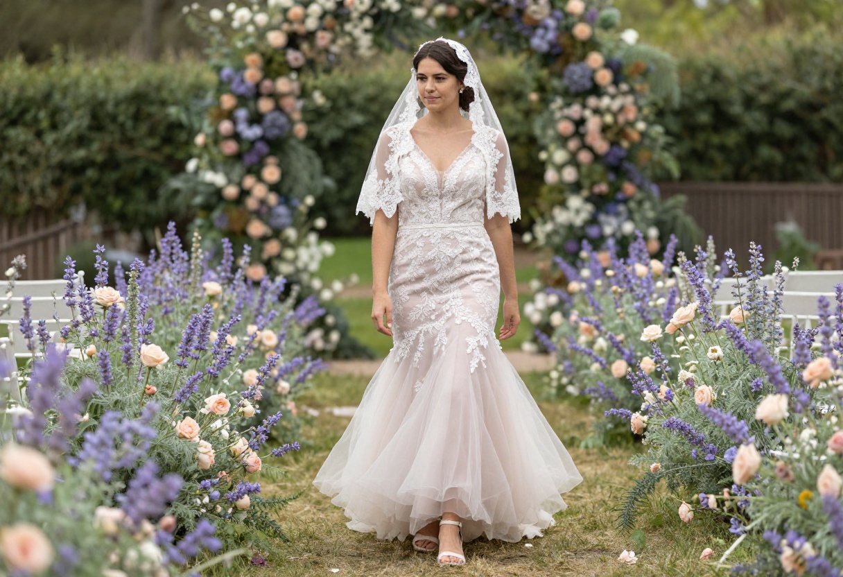 Woman in mermaid wedding dress with veil in pastel garden venue