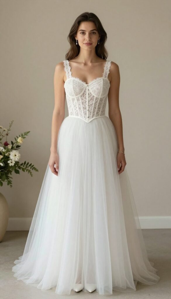 Woman in two-piece ballgown set with corset top and tulle skirt in neutral ballroom
