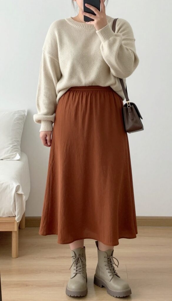 Woman in flowy maxi skirt and chunky sweater, half-tucked, with combat boots and crossbody bag, mirror selfie.