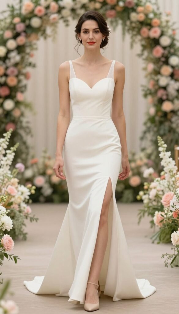 Bride in ivory mermaid dress with low back, pearl hairpins in updo, coral lipstick, nude pumps, standing in soft coral venue with pastel flowers.