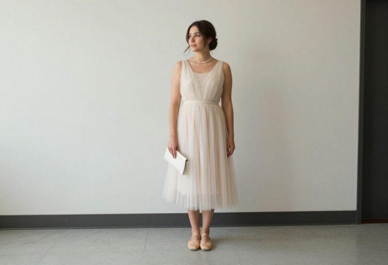 Woman in ivory tulle midi dress with ballet flats at courthouse