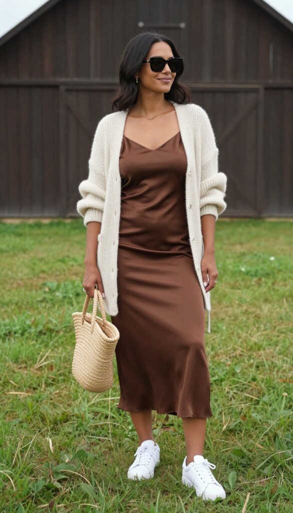 Woman in brown slip dress, cream cardigan, white sneakers, straw tote, sunglasses at outdoor barn wedding venue
