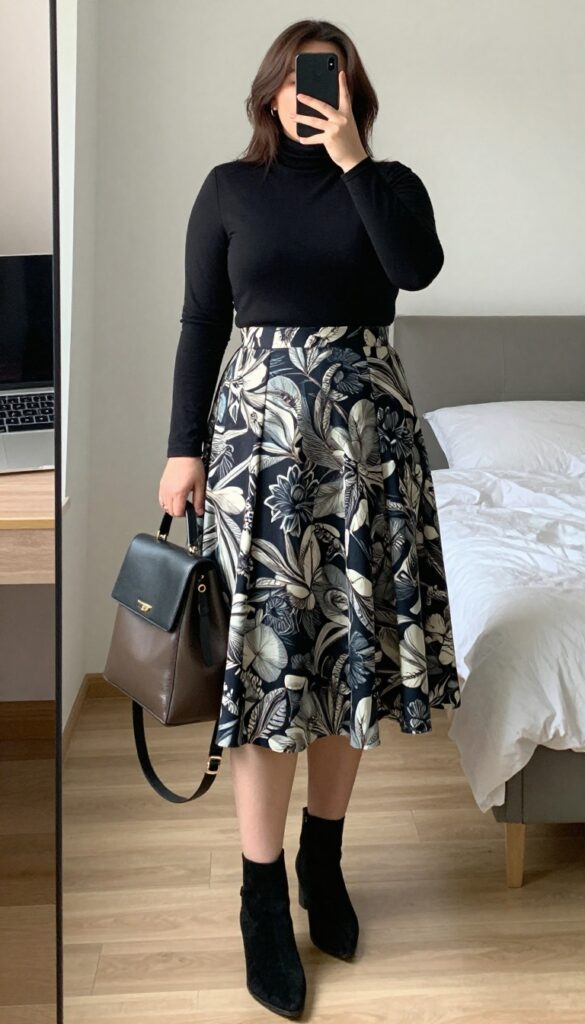 Plus size woman in patterned midi skirt, black turtleneck, and ankle boots for business casual outfit.