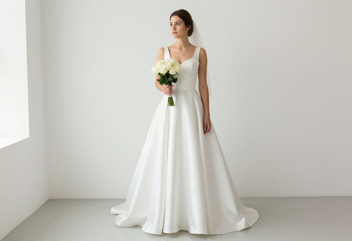 Bride in white satin princess ballgown wedding dress with sweetheart neckline, holding bouquet in bright bridal boutique.