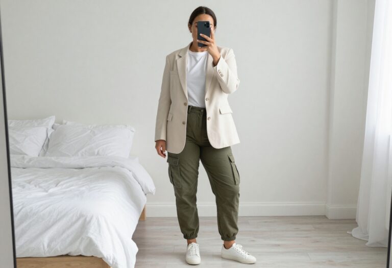 Woman in cream blazer and olive cargo pants taking a mirror selfie in bedroom for school business casual outfit