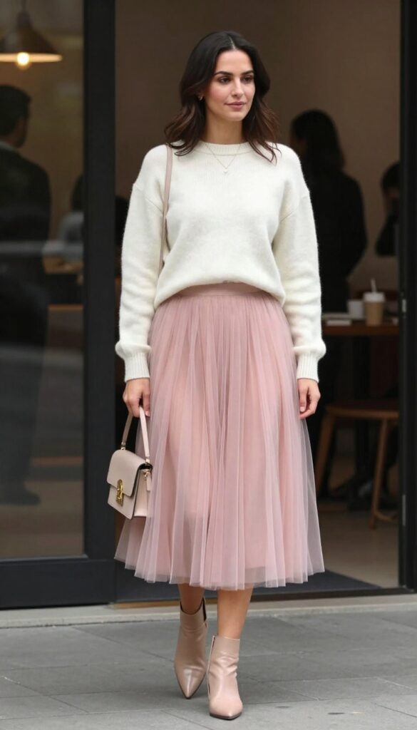 Woman in blush tulle skirt and cream cashmere sweater with nude ankle boots at indoor reception